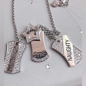 ✨ .925 Sterling Silver Crystal Dog Tag Necklace – “Nice, Naughty & Star” Charms